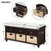 TREXM Rustic Storage Bench with 3 Drawers and 3 Rattan Baskets, Shoe Bench for Living Room, Entryway (Espresso)