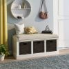 TREXM Rustic Storage Bench with 3 Removable Classic Rattan Basket , Entryway Bench Storage Bench with Removable Cushion (White)